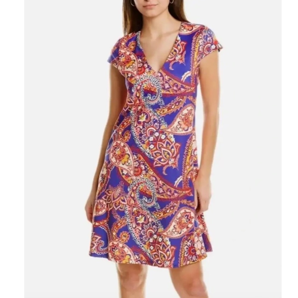 JULIE BROWN NYC Breene Purple Juicy Fruit Paisley Knee-Length V-Neck Dress